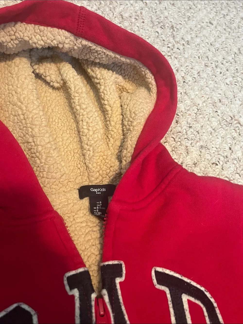 GAP Kids Red Zip-Up Hoodie with Cream Sherpa Lining